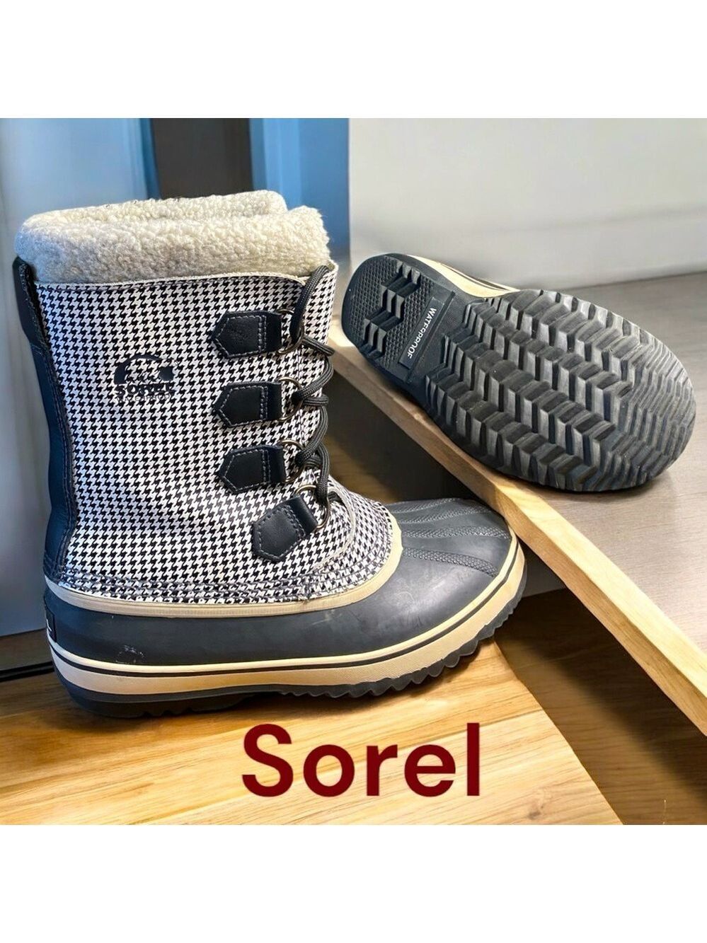 Sorel-Size 8 waterproof “Tivoli” houndstooth sherpa lined boots. 12” tall. GUC!